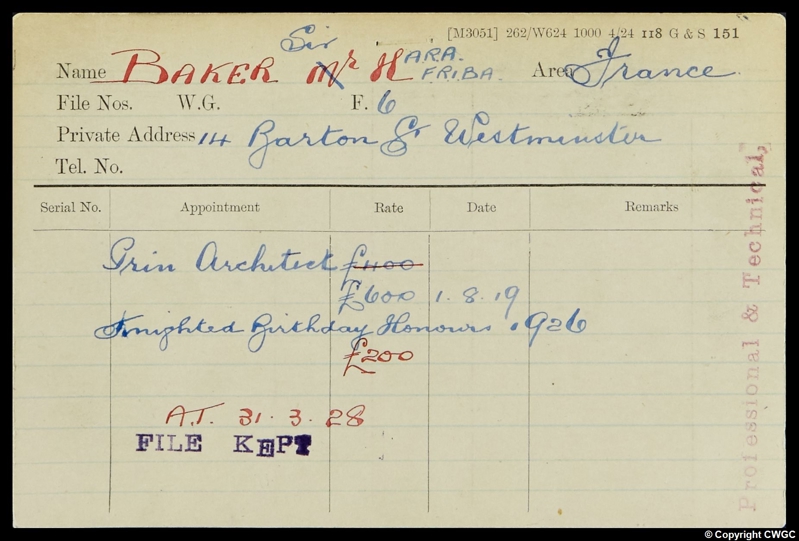 Herbert Baker CWGC staff card