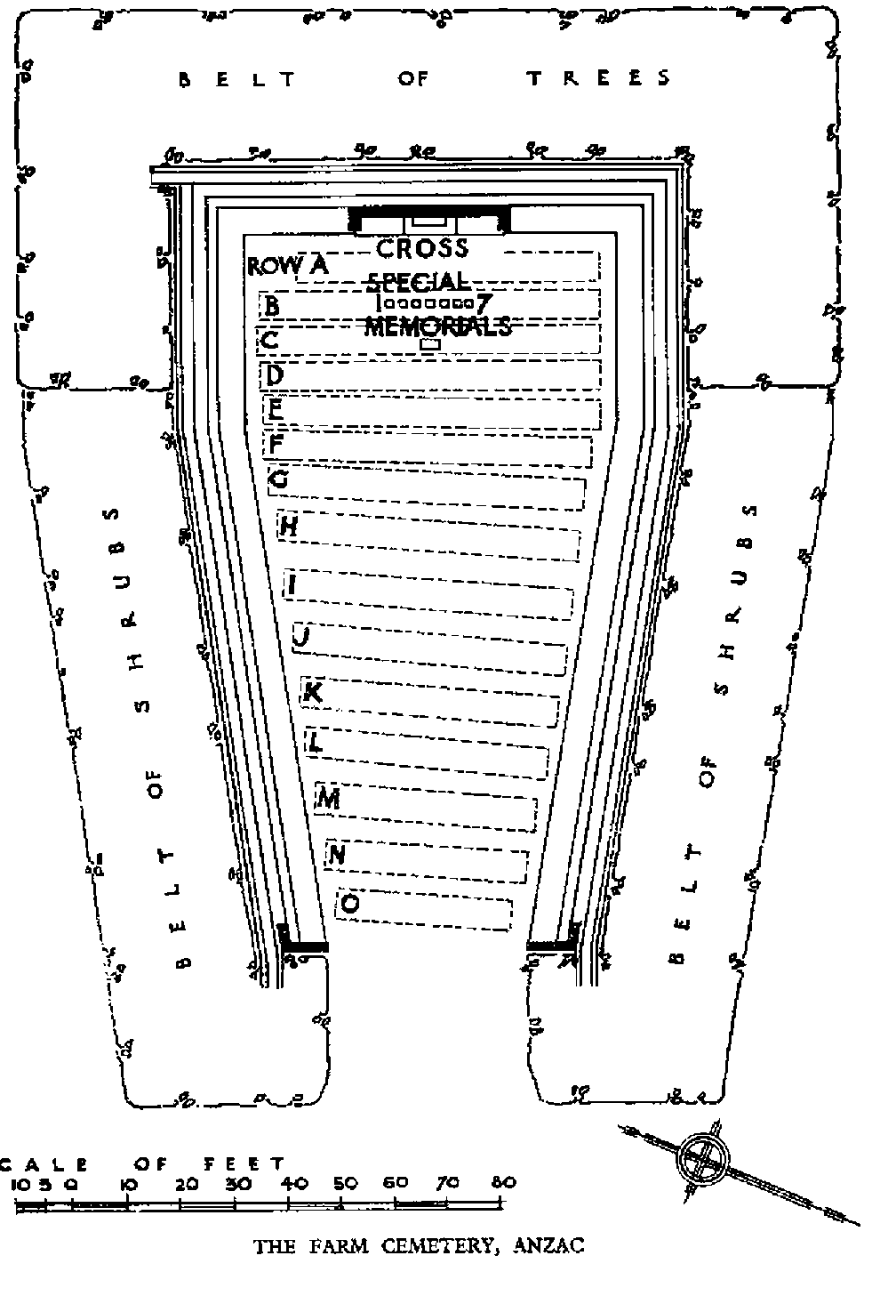 Overheap illustrated plan of The Farm Cemetery showing grave row locations and memorials.