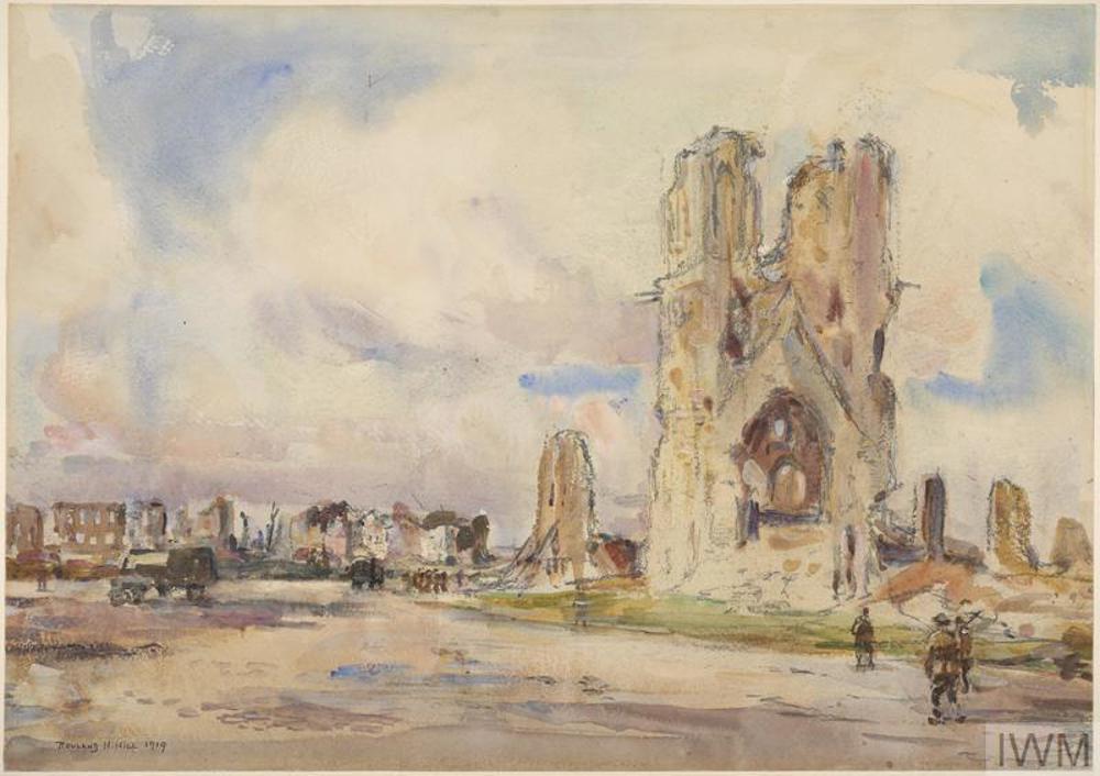 Oil painting of the smashed city centre of Ypres following the First World War.