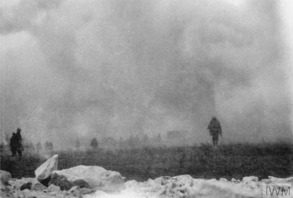 British troops advance through gas clouds during the Battle of Loos.