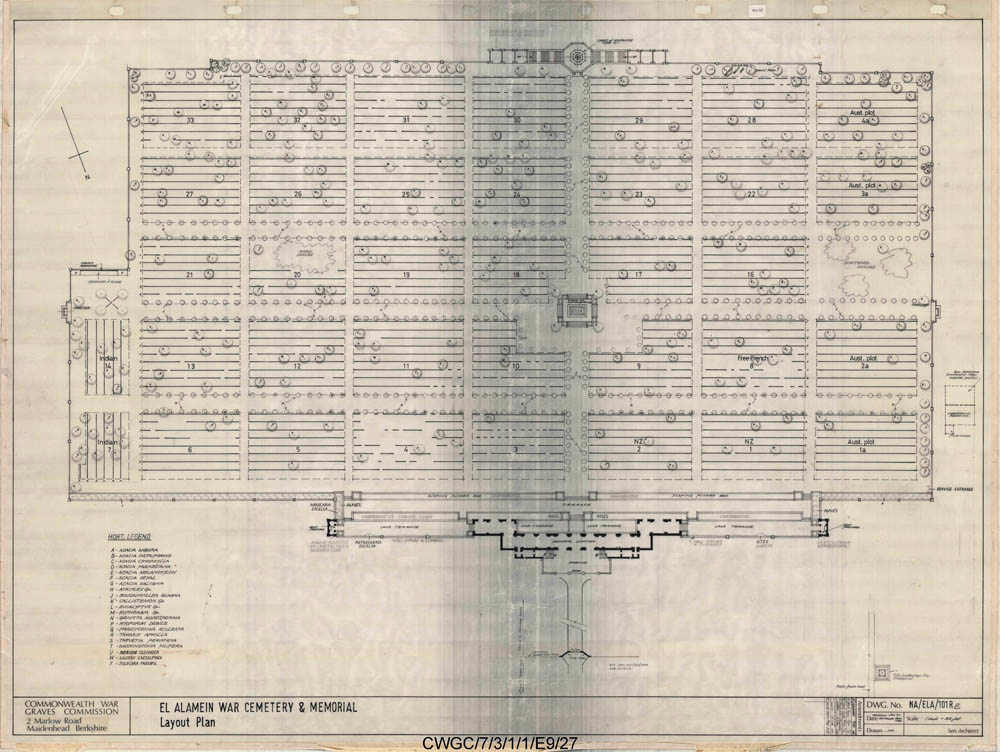 Top down view of the burial plots and overall layout of El Alamein War Cemetery