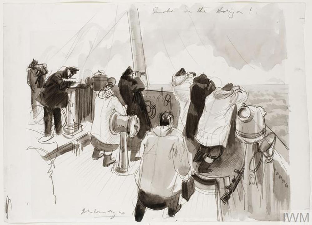 seven sailors wearing oilskins gather with binoculars and telescopes on the deck of a ship. They are looking towards a plume of smoke rising on the horizon.
