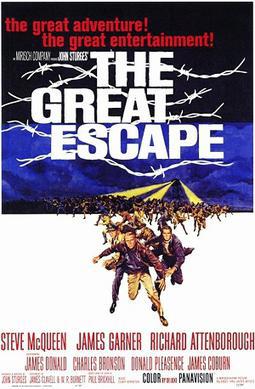 Great Escape Movie Poster, showing the escaping POWs fleeing from spotlights fired from a prison camp tower