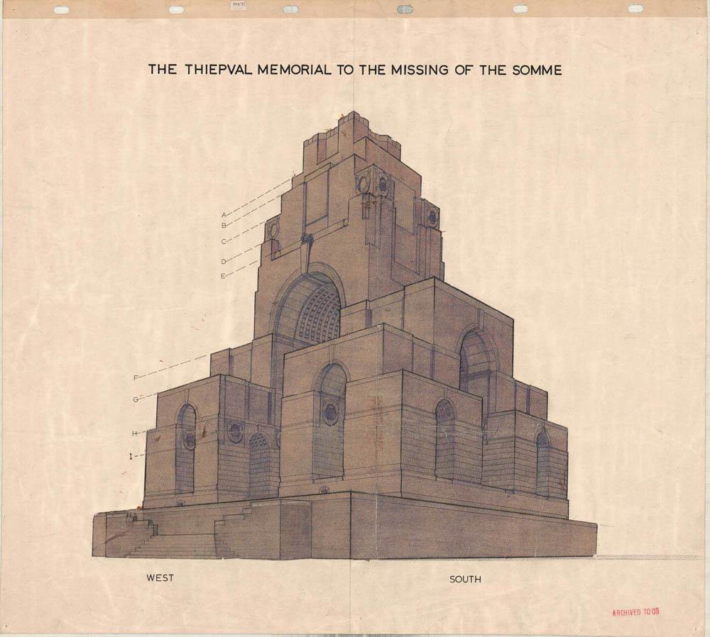 Architectural draught of the Thiepval Memorial to the Missing central structure. It is made up of a series of arches, arranged and stacked in square and rectangular wings, eminating from a major central arch. The memorial sites atop a rectangular platform, accesible via stairways at the front of the memorial.