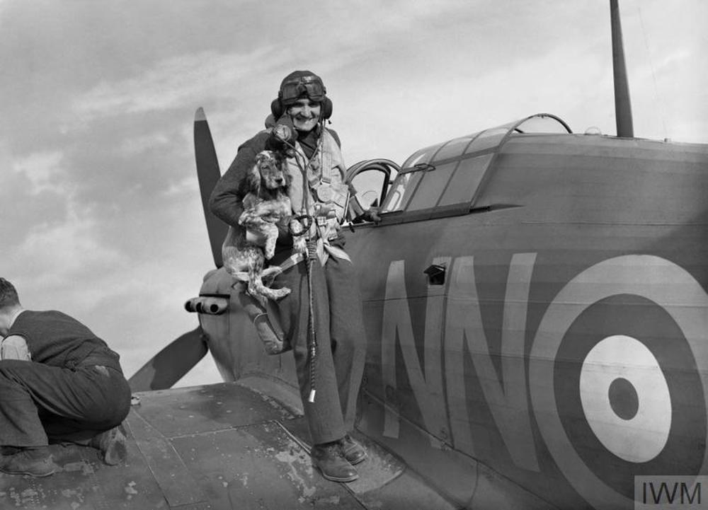 Sergeant Bohumil Furst of No. 310 (Czechoslovak) Squadron stands on the wing of his Hurricane with the squadron mascot, Duxford, 7 September 1940.