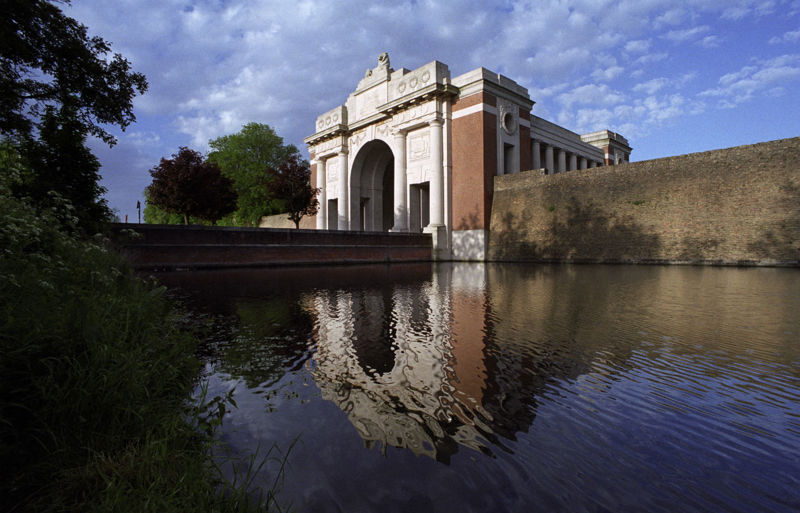 Wide view of the Menin Gate from the surrounding moat.