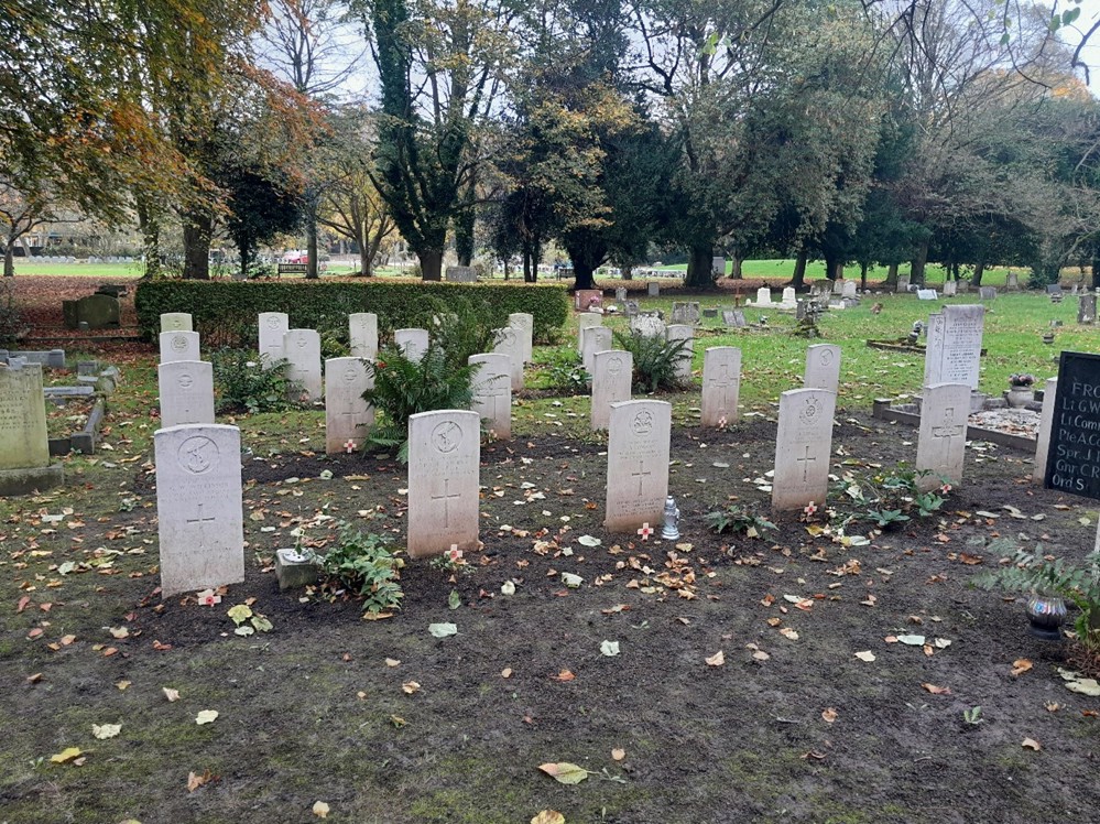 A plot of CWGC headstones featuring four rows of six white limestone headstones with engraved crosses and regimental badges. The ground around the first two rows is bare turf with some scattered leaves. Towards the back of the plot, large tufty green plants are visible in the grassed headstone rows.