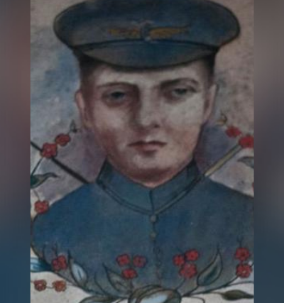 A colorful painting of Private 2nd Class Thomas Joseph Woodgate. Thomas is depicted as wearing a blue WW1 British military uniform with peaked cap and high collar. His cap is adorned with a brass winged RAF emblem. Red poppies circle the image.