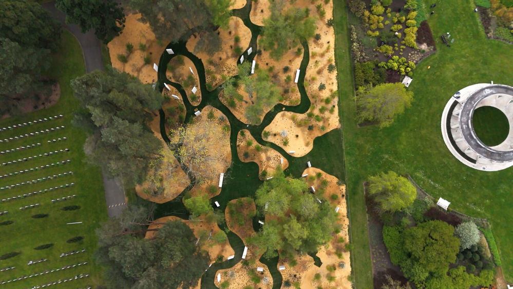 Bird's Eye view of the winding grass paths, stelae, and sandy plots for planting at Brookwood Military Cemetery.
