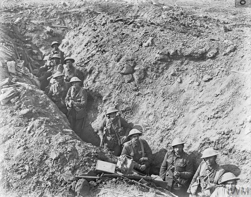 New Zealand infantry occupying a slit trench near Flers at the Battle of the Somme.