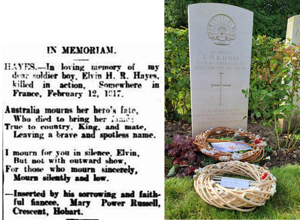 A collage showing a contemporary Second World War era obituary to the left, showing a newspaper tribute penned by the fiancée of Private E.H.R. Hayes. To the right ins the headstone of Private Hayes, bordered by green plants and two ceremonial wicker wreaths laid at the headstone base.