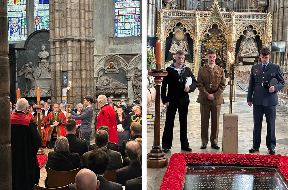 Cadet carries Torch of Commemoration through Westminster Abbey; second image shows a naval cadet, an army cadet, and air force cadet posing with the torch over the Tomb of the Unknown soldier.