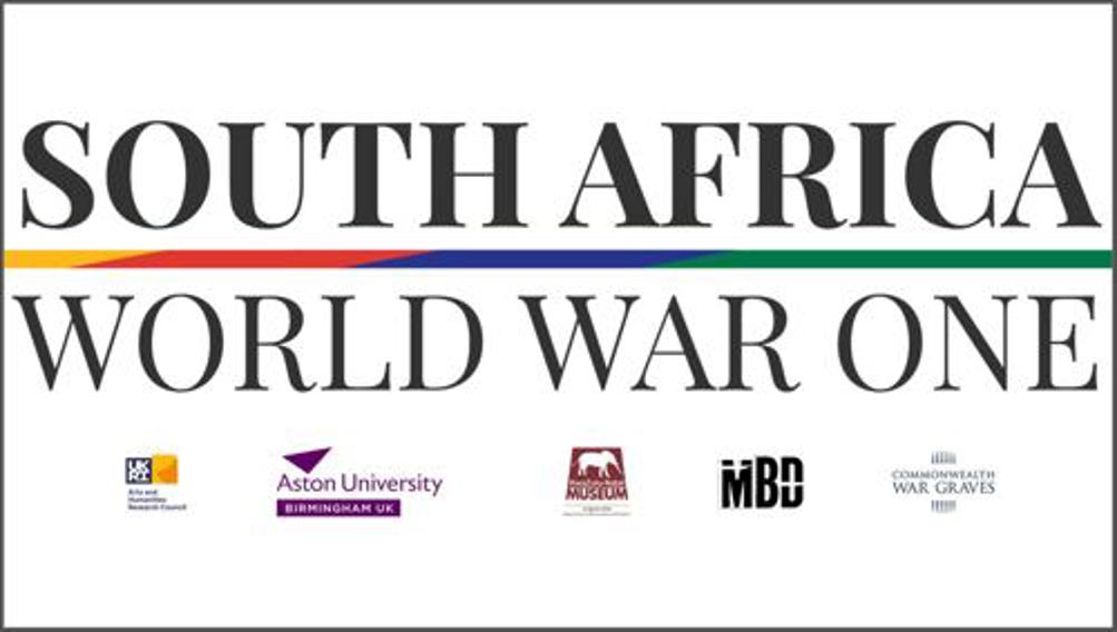 Image in bold text reads: South Africa World War One. A multicouloured line seperates the two lines of text, going from yellow, red, blue, and green. A variety of logos are placed beneath "World War One"
