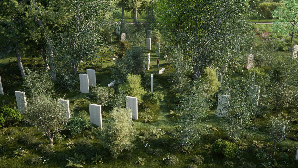 Artists rendering of the Brookwood 1914-1918 Memorial showing white stone stelea surrounded by lush trees and greenery.