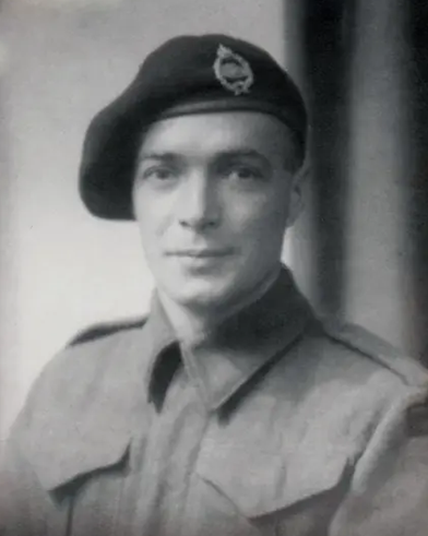 Trooper Harry George Johnston in military uniform featuring regimental beret with bronze wreathed cap badge