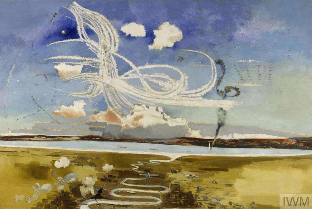 An abstracted aerial view of a wide flat landscape including the mouth of a river. Above the sky is full of contrails, and to the upper right aircraft can be seen flying in formation.