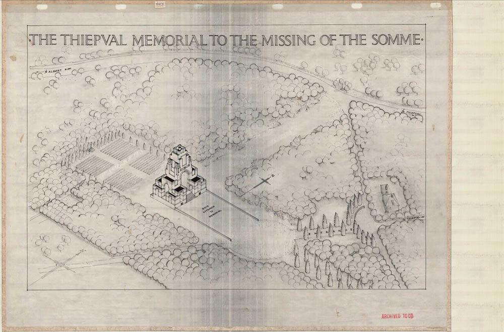 Sketch of an elevated view of the Thiepval Memorial to the Missing of the Somme