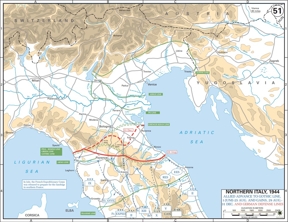 Map showing German defensive positions in Northern Italy in early 1945.