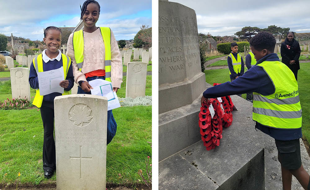 Left to right: A black school girl an dher teacher, both in hi-vis vests, pose behind a CWGC headstone; on the right, a black pupil in a hi-vis vest lays a red poppy wreath on a stone memorial.