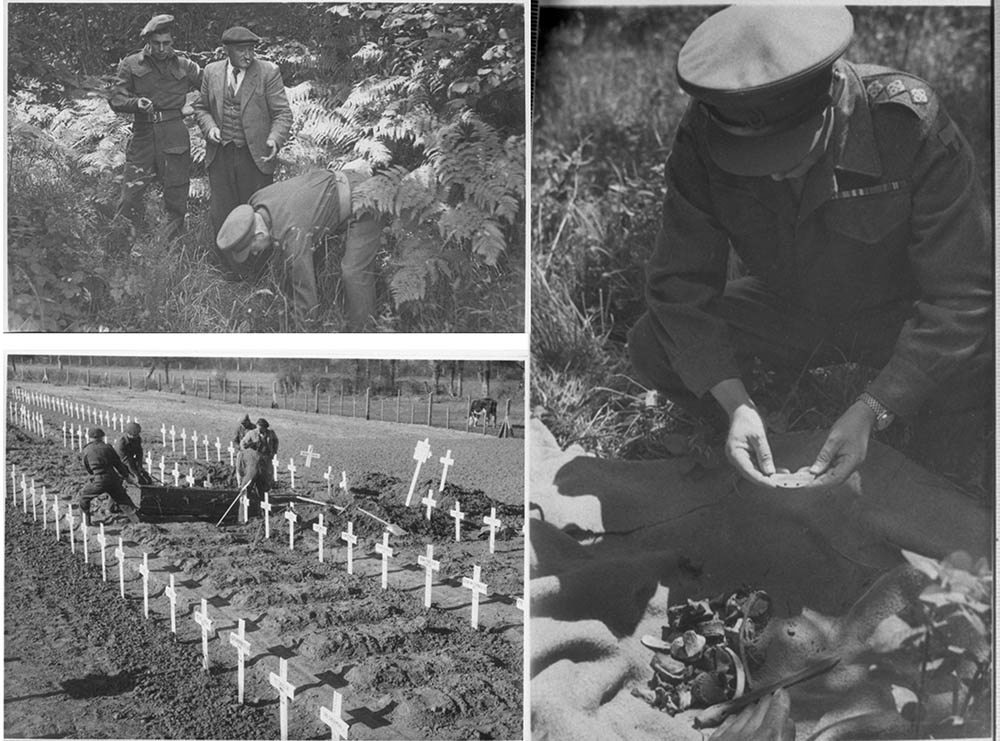 A collage of images depicting the work of 48 GCU in Normandy, 1945: Searching for an isolated grave near Bayeux prior to concentration (top left); Major R. A. Pedder inspects items and effects found in the isolated grave (right); a casualty being reburied in a Commission cemetery following concentration (bottom left)