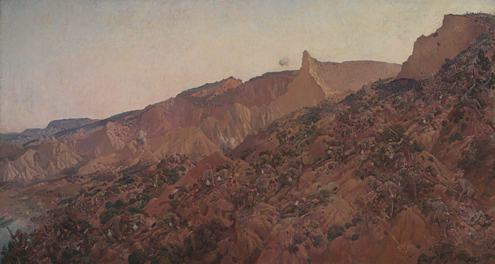 Oil painting showing the landings at ANZAC Cove, Gallipoli, in early 1915. The wide vista shows Aussie servicemen fighting their way up craggy, plant strewn red rocks and cliffs under gunfire.