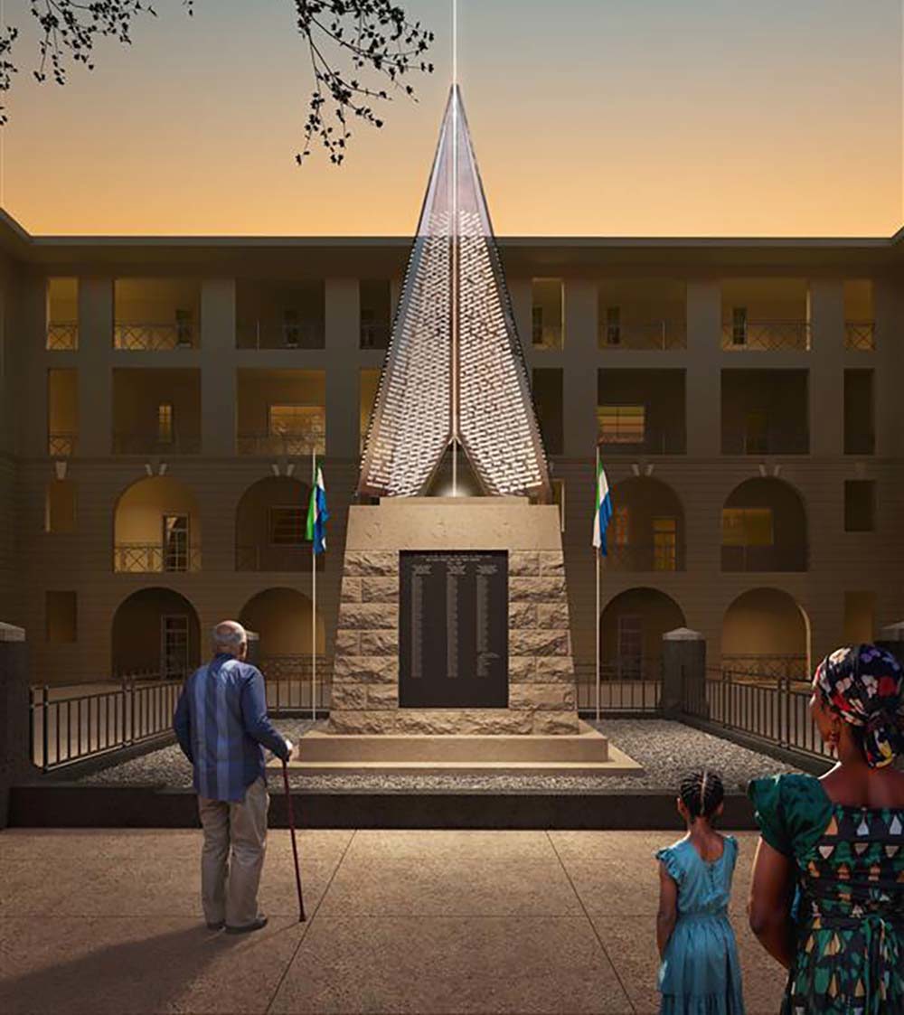 Artists impression of addition to Sierra Leone Carrier Corps Memorial. The new addition is a glass pyramidal structure sittng atop the existing rectangular memorial. Etched into the glass are the names of Carrier Corps servicemen. A beam of light shines up through the pyramid into the sky.