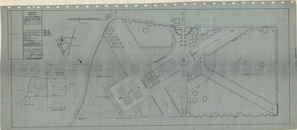 Overhead view of the Thiepval Memorial to the Missing Site plan showing the memorial's central location, surrounding woodland, Anglo-French Cemetery to the rear of th ememorial, and several drives and paths leading up to the central memorial structure.