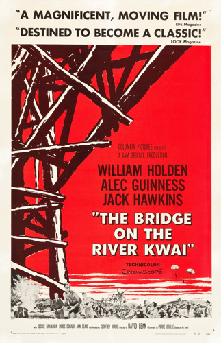 Bridge on the River Kwai poster with a section of the bridge shown on a stark red background.