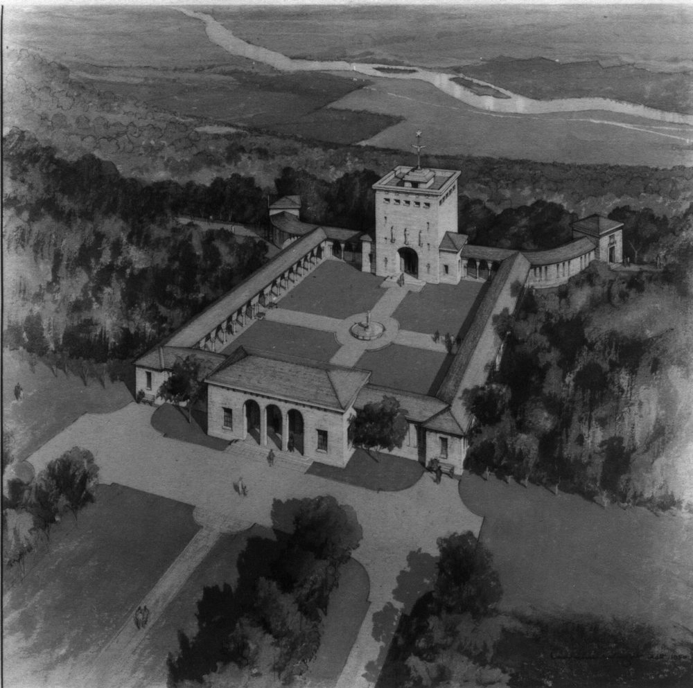 Architectural drawing of the Runnymede Memorial shwing the stone entrance way and porticos flanking the open central coutryard in which the stone of Remembrance sites. Two wings just out at the far end while the central rea wall features a tall white tower.
