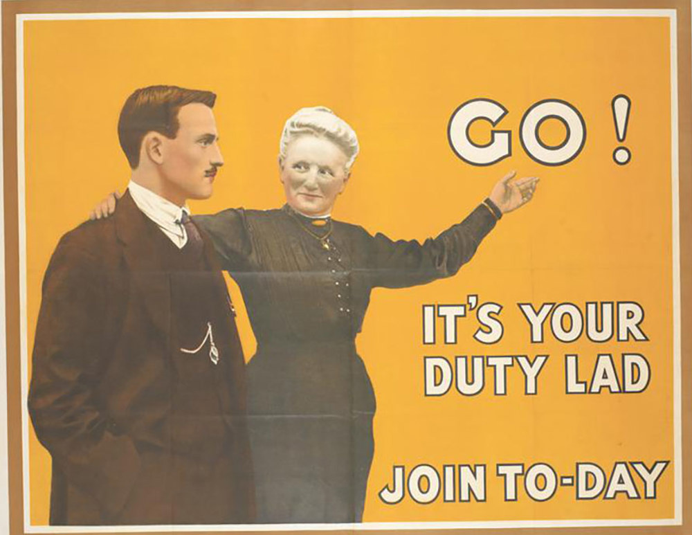 the image occupies the whole, set against an orange background and held within white and brown borders. The title and text is integrated and positioned down the right-hand side, in white outlined black. image: half-length depictions of an elderly woman and a young man dressed in a suit. The woman has her right arm around the man's shoulders and points to the word 'GO!' with her left hand. text: GO! IT'S YOUR DUTY LAD JOIN TO-DAY PUBLISHED BY THE PARLIAMENTARY RECRUITING COMMITTEE LONDON. POSTER No. 109 PRINTED BY DAVID ALLEN AND SONS LD. HARROW, MIDDLESEX. W.3749. 15M-6/15